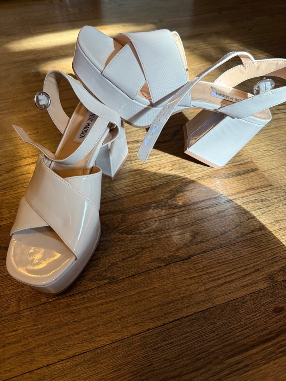 Steve Madden Cream White Platform Block Heel Sandals- square toe